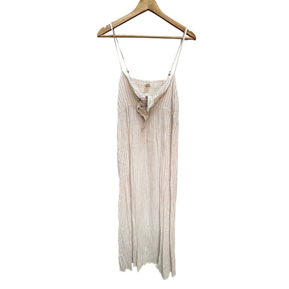 Billabong Womens Beige White Striped Tie Front Smocked Midi Dress Small S/P/CH - Picture 2 of 8